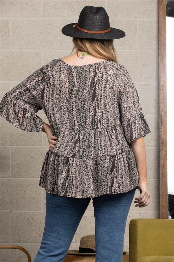 Olive Multicolor Leaf Print Baby Doll PLUS SIZE - CTY4589F-CSX