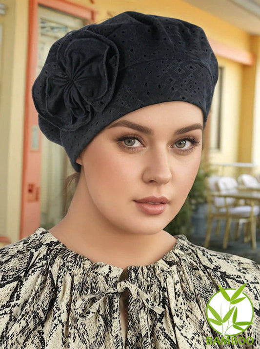 Eyelet Beret Bow Cap Bamboo Lined - Turban Plus