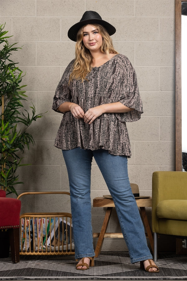 Olive Multicolor Leaf Print Baby Doll PLUS SIZE - CTY4589F-CSX