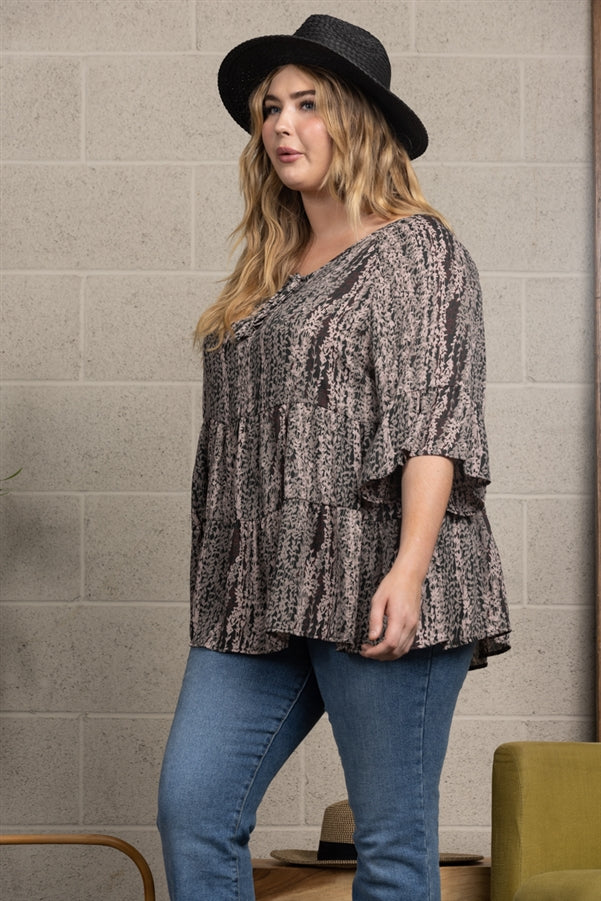 Olive Multicolor Leaf Print Baby Doll PLUS SIZE - CTY4589F-CSX