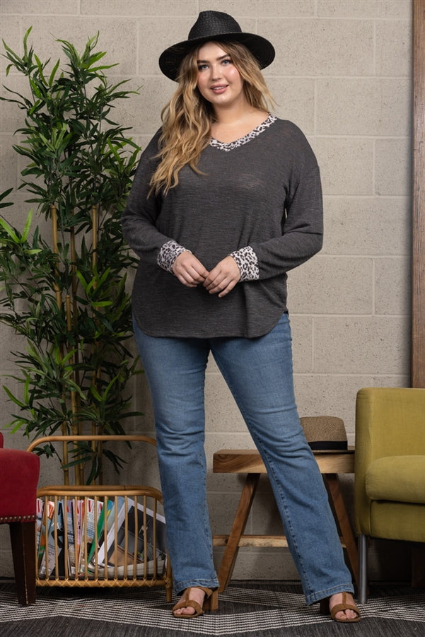 Shadow Grey Cheetah Print Rib Knit Sweater PLUS SIZE - T1942-10X