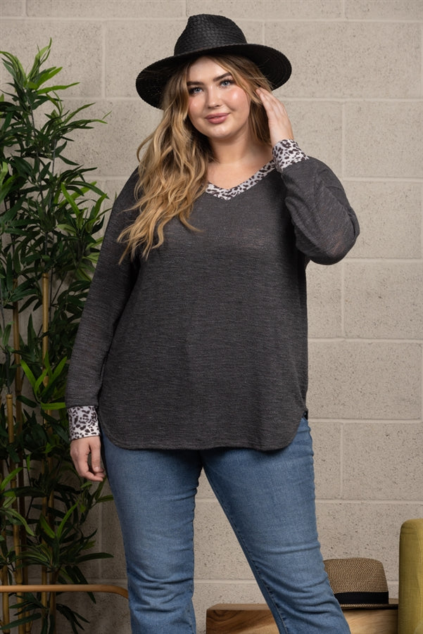 Shadow Grey Cheetah Print Rib Knit Sweater PLUS SIZE - T1942-10X