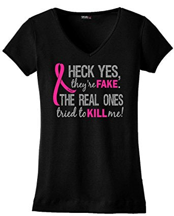 Heck Yes, They"re Fake Ladies V-Neck T-Shirt Black/ W/Pink